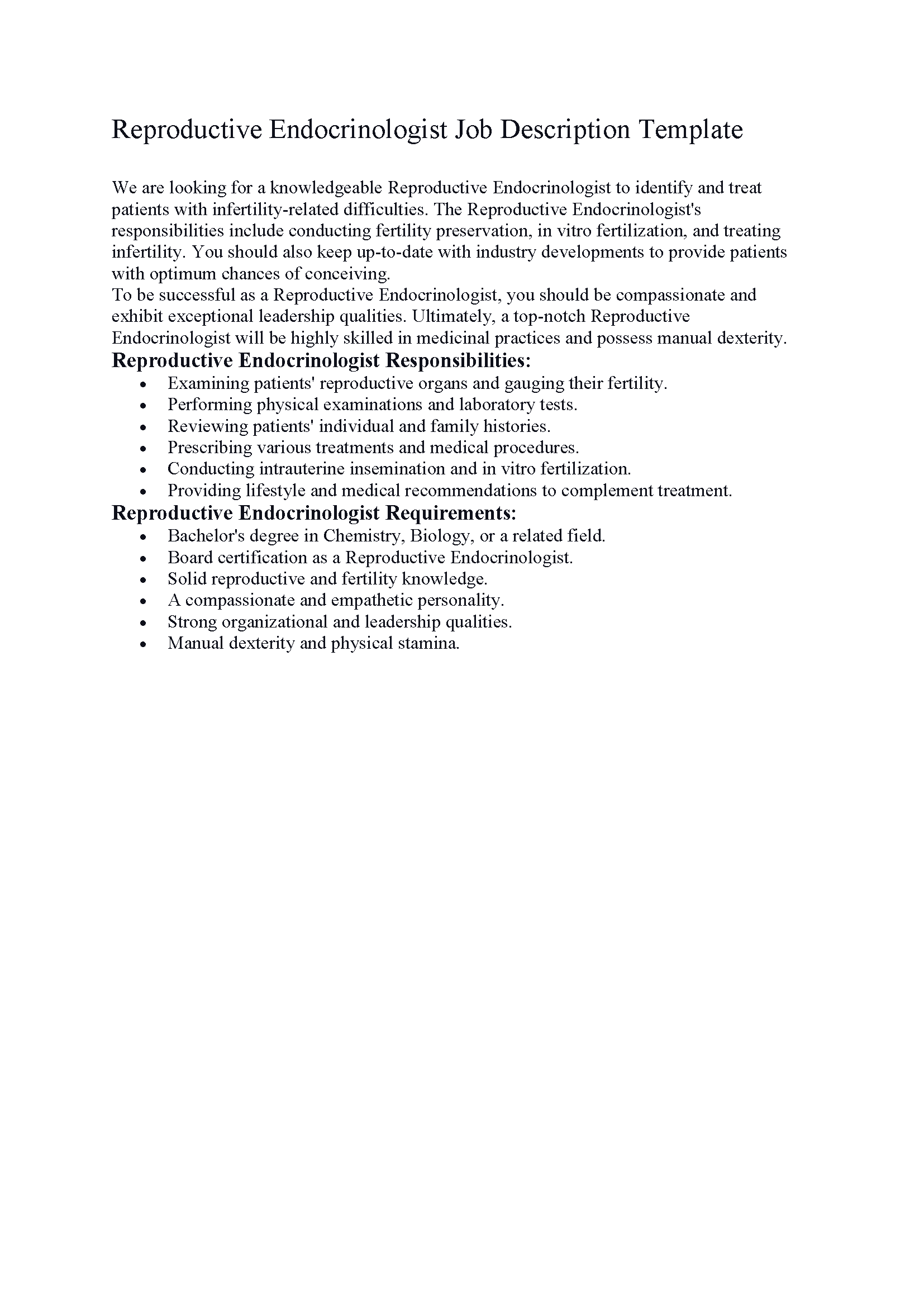 Reproductive Endocrinologist Job Description Template